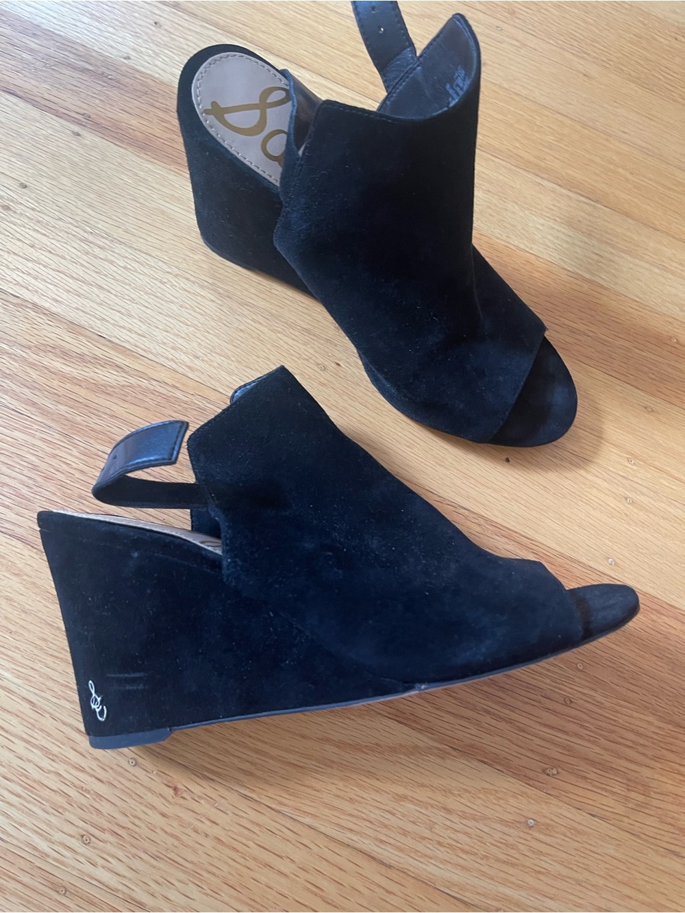 Sam Edelman Black Suede Open-Toe Wedges- Women